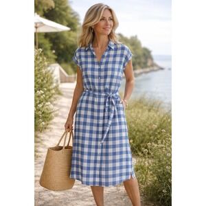 Boden Womens Linen Shirt Dress 14 Blue White Gingham Belted Midi Cottagecore